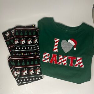 Holiday Time Green & Red I ❤️ Santa Pajamas & black leggings w/ designs M (7/8)